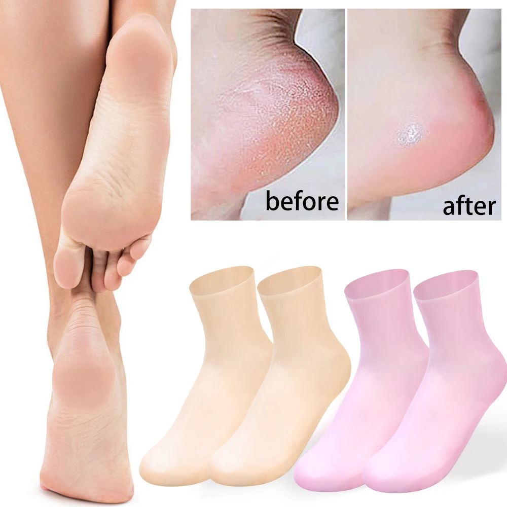 5 pares de silicone hidratante elástico pé meias anti rachaduras remover a pele morta reutilizáveis diy spa máscaras para os pés cuidados com ferramentas pedicure