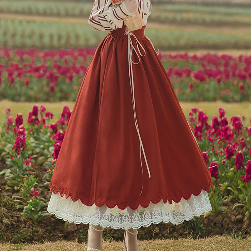 Spring 2022 Womens Fashion Long Maxi Skirts Vintage Preppy Style Mori Girl Cute Lace Hem Lace-Up High Waisted Pleated Skirt