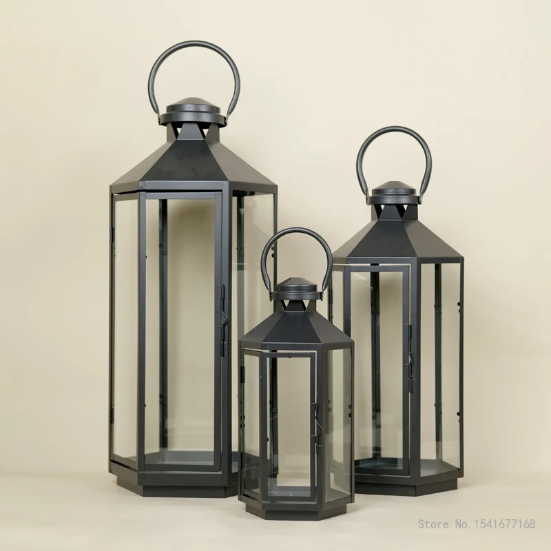 Nordic Outdoor Glass Windproof Candlestick, Wrought Iron, Floor Wind Lamp, Simple Shooting Props, Retro Garden Decor view 2