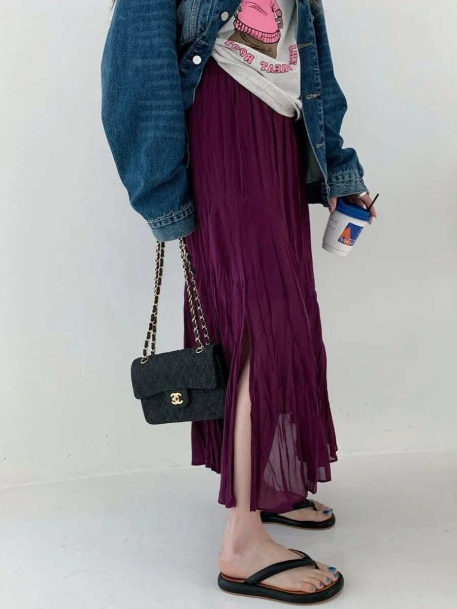 

Юбка миди из шифона для полных женщин больших размеров, плиссированная, с разрезом, с завышенной талией, больших размеров, стройнящая, средней длины