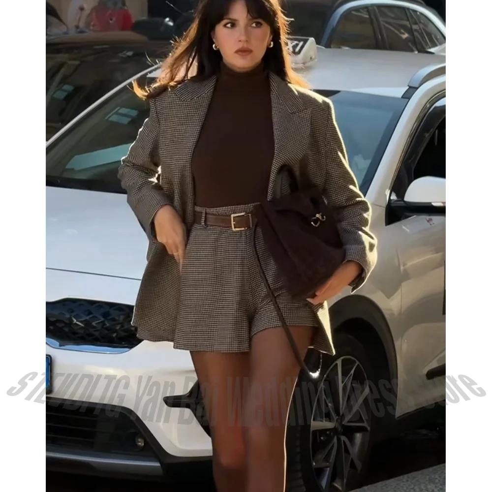 Hot Sale Women's Short Suit Set Brown Houndstooth Peaked Lapel Tailored Vintage 2 Piece Outfit High Street Elegant Casual Wear