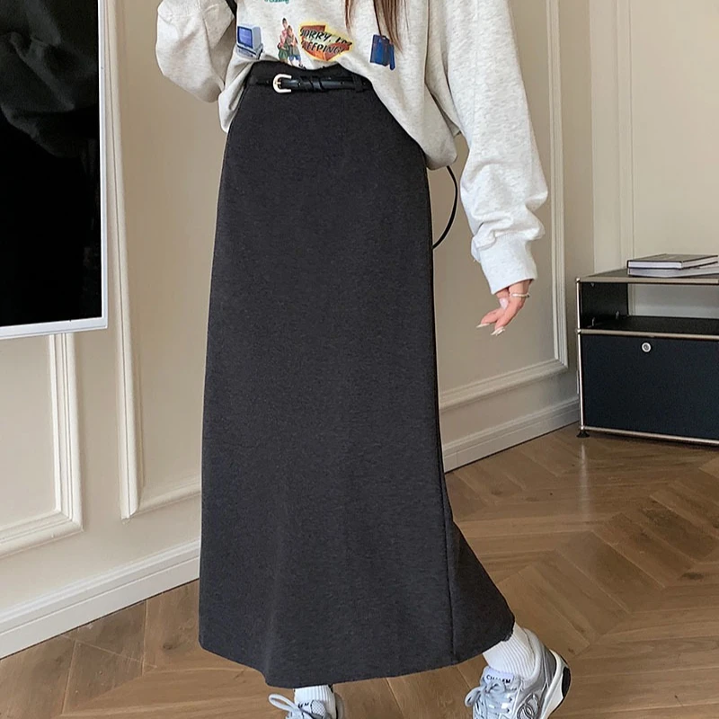 التنانير الصوفية عالية الجودة مع حزام المرأة الكورية موضة الظهر انسكبت ميدي تنورة مكتب السيدات شيك الأسود أبلى Faldas 2025 #3