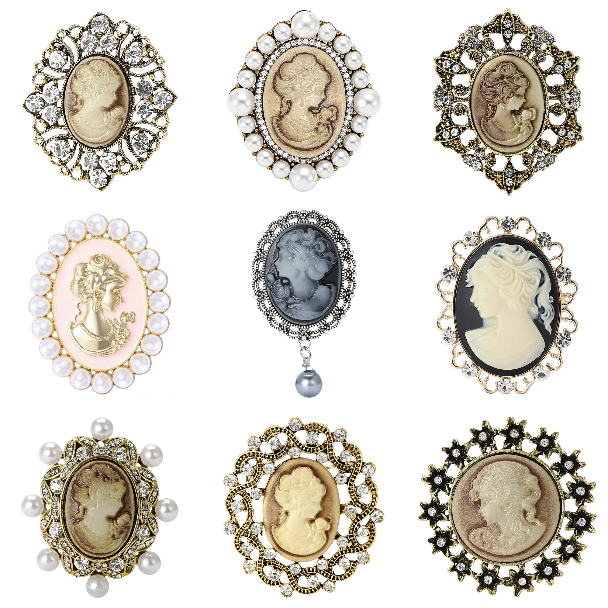 

Vintage Rhinestone Beauty Head Brooches for Women Unisex Pearl Character Pins Office Party Friend New Gifts Jewelry Accessories