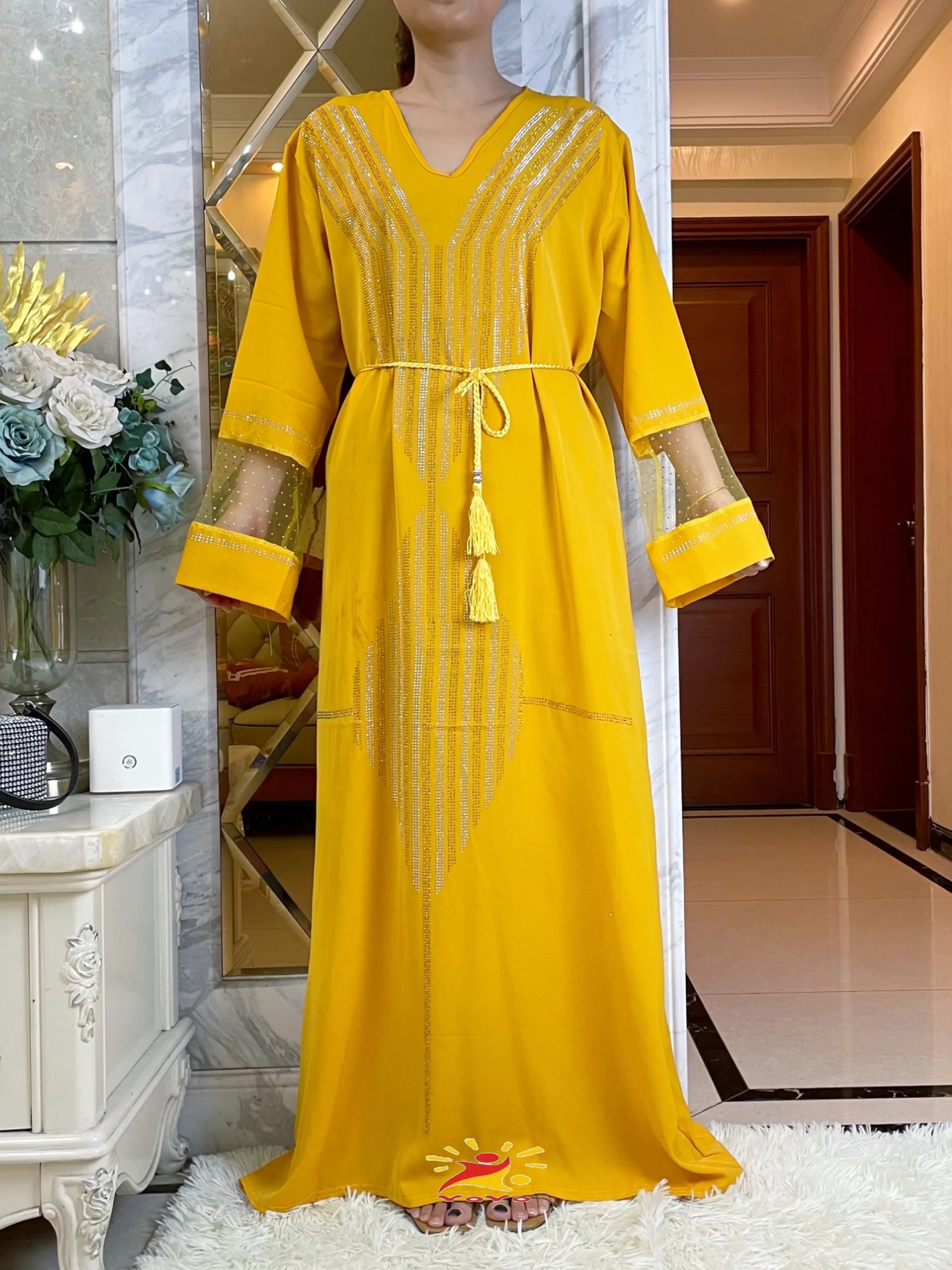 2023New Luxury African Autumn Women  V-Neck Dress Islamic Clothing Dashiki Diamond Dubai Robe Evening Long Sleeve Muslim Abaya