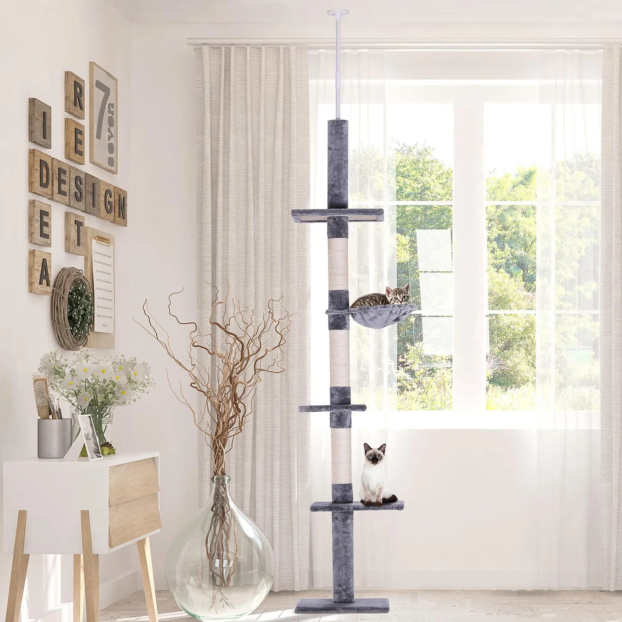 Structure de jeu pour chat de jardin réglable en hauteur 40x34x230-260 cm avec tapis de grimpette en pierre