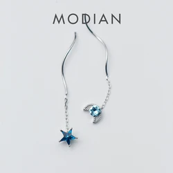 Modian Classic Long Chain Tassel Drop Earrings For Women Genuine 925 Sterling Silver Clear Blue Crystal Stars Moon Jewelry Gift