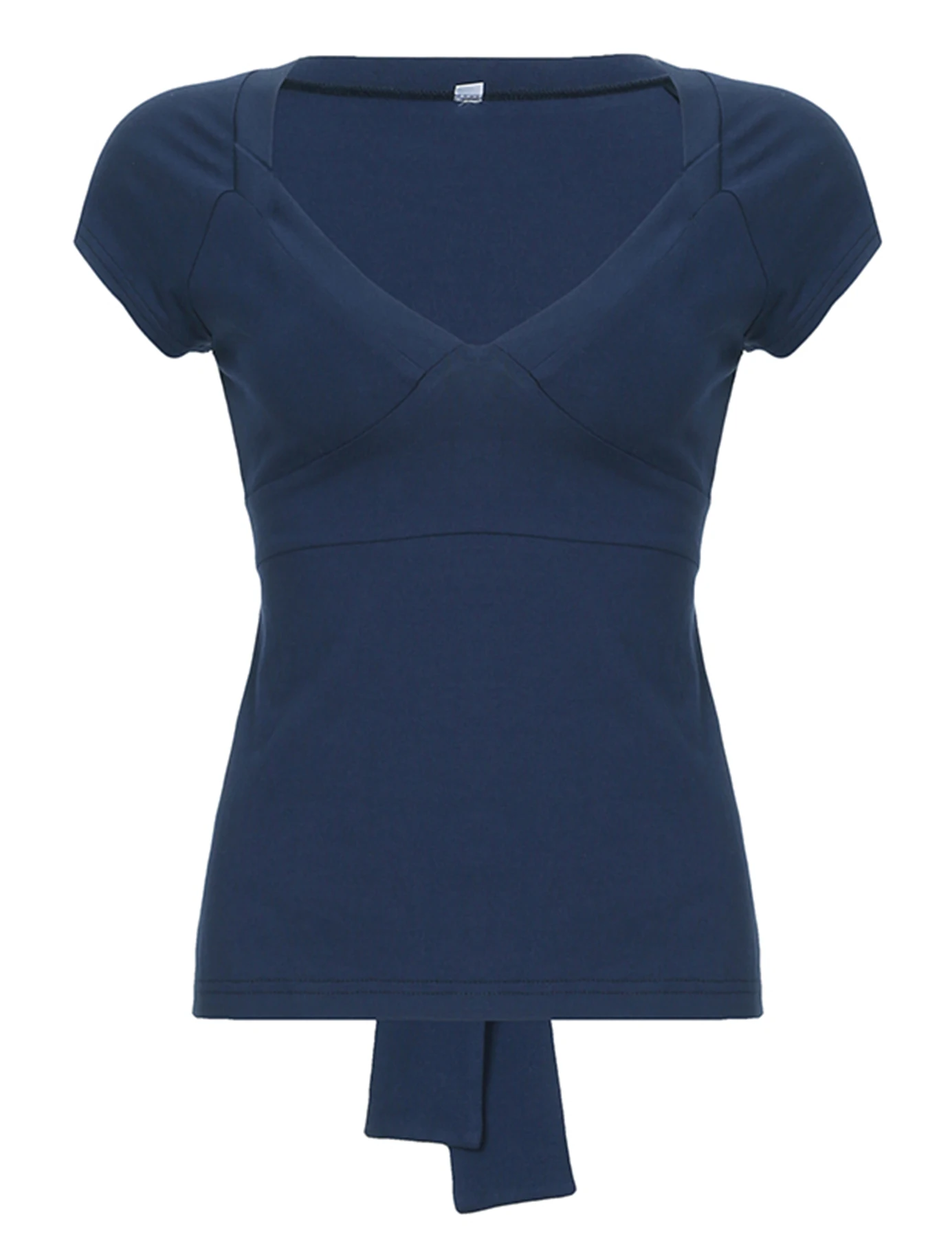 [RUOKE] Vintage Slim Fit V-Ausschnitt T-Shirt für Damen Frühling Sommer Bandage Kurzarm Tee Lässiges Basic Crop Top Alltagstauglich – Detail 6