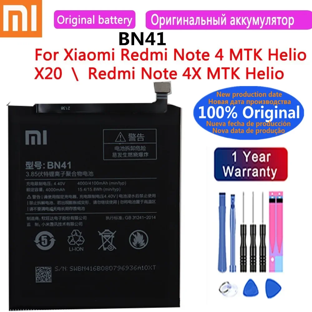 

New 100% Original Replacement Battery BN41 For Xiaomi Redmi Note 4 Note4 MTK Helio X20 / Note 4X MTK Helio X20 4100mAh Bateria