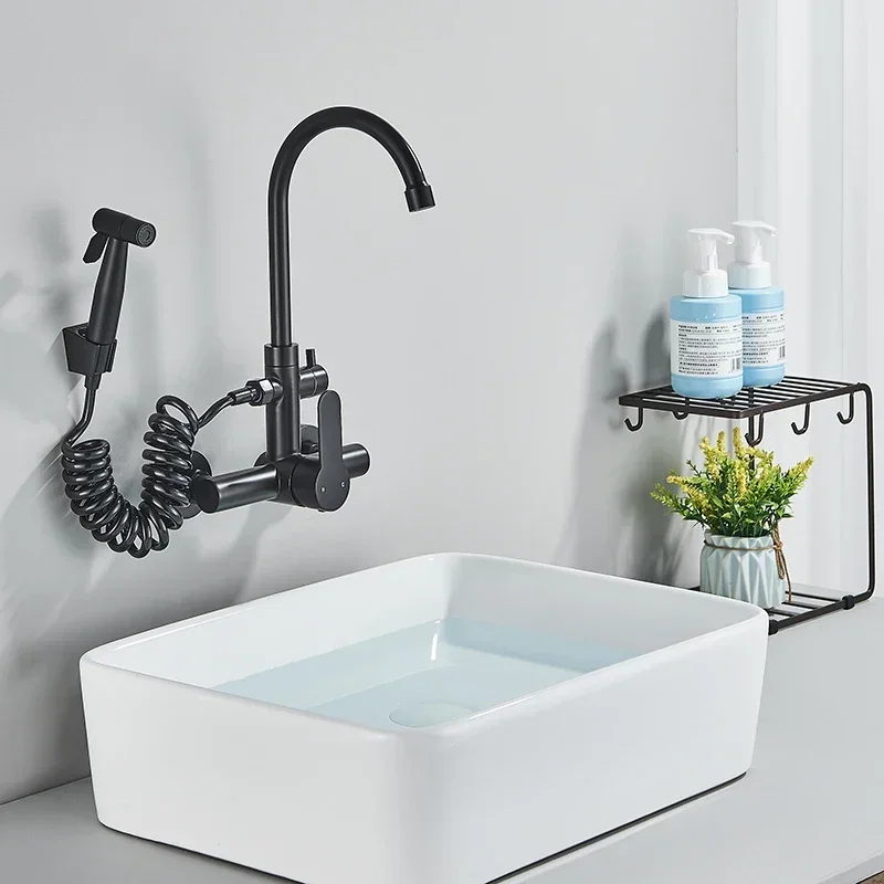 Kitchen Faucet with Spray Gun Wall Mounted Hot Cold Water Mixer Tap Rotatable Faucets Dual Water Mode No Dead Corner Cleaning