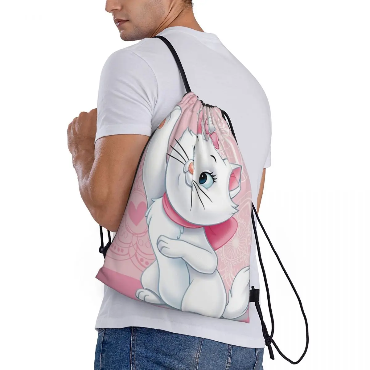 Disney marie drawstring saco, saco do armazenamento do curso, tote da praia, escola, esporte, sapata, portátil