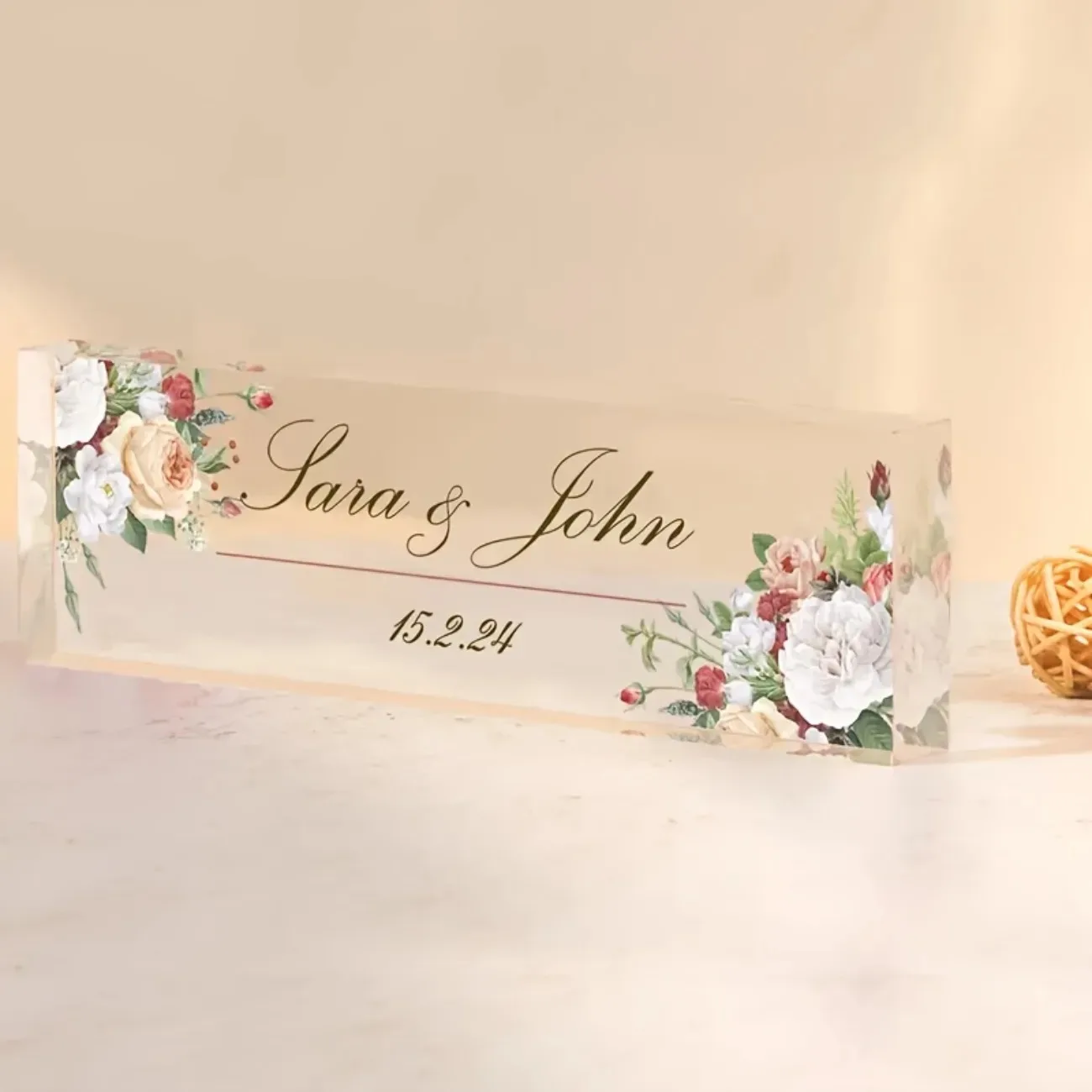 Custom 2D Flat Acrylic Desk Name Plate, White Floral Design Personalized Office Decor Gift For Decoration Only