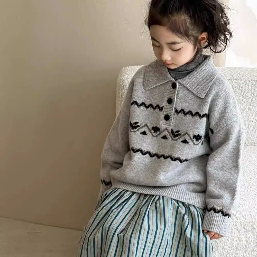 Striped Pattern Girls Knitted Pullover Autumn and Winter 2024 New Children's Wool Blended Foreign Style Girls Jacquard Sweater