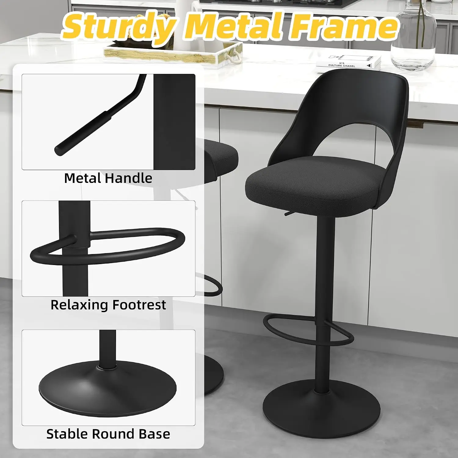 Black Cotton Linen Bar Stools with Back Set of 2, Metal Base, Customized