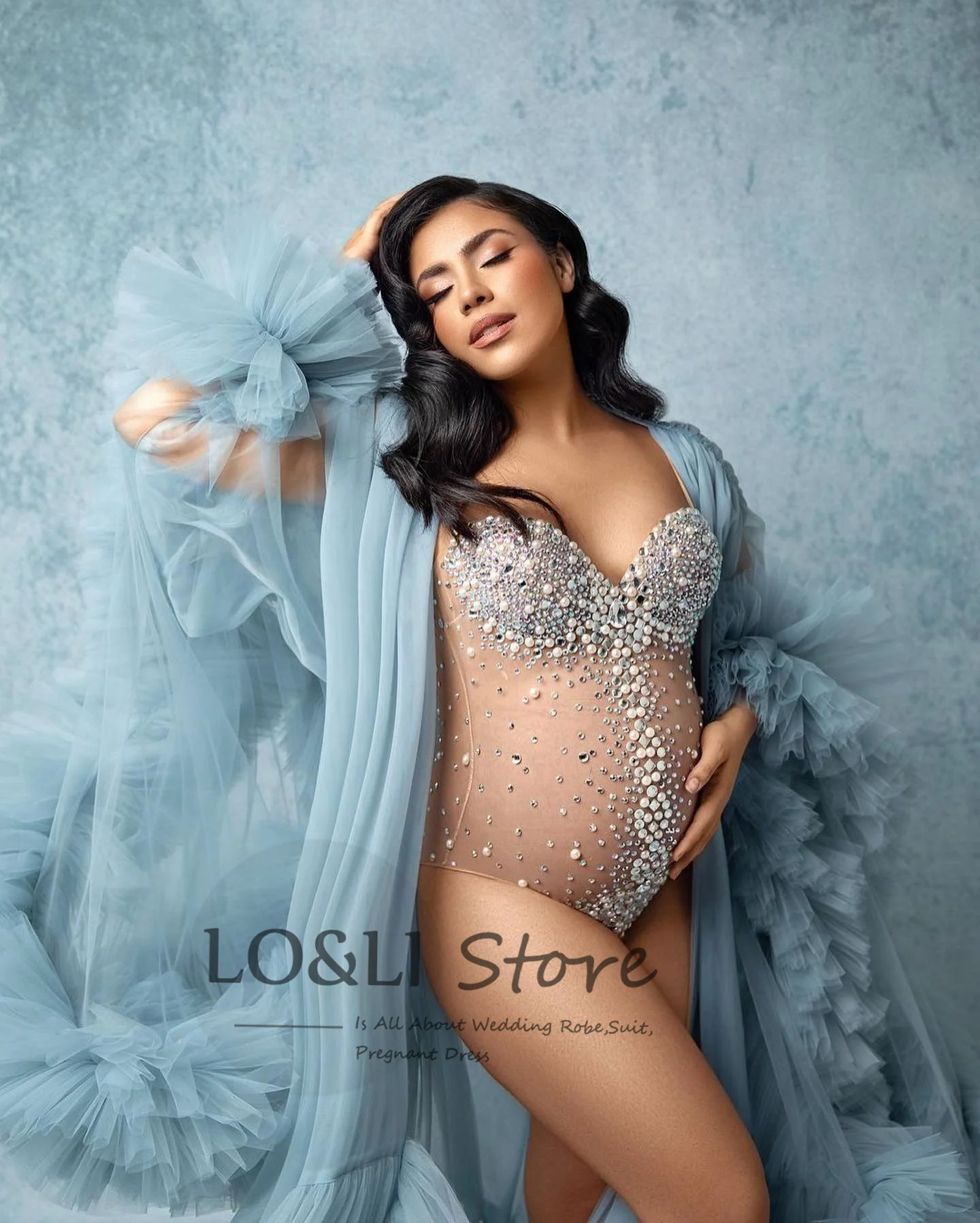 Sexy Pregnant Women Photography Props Dresses Blue Premama V Neck Evening Party Baby Shower Dress Maternity Photo Shoot Clothing