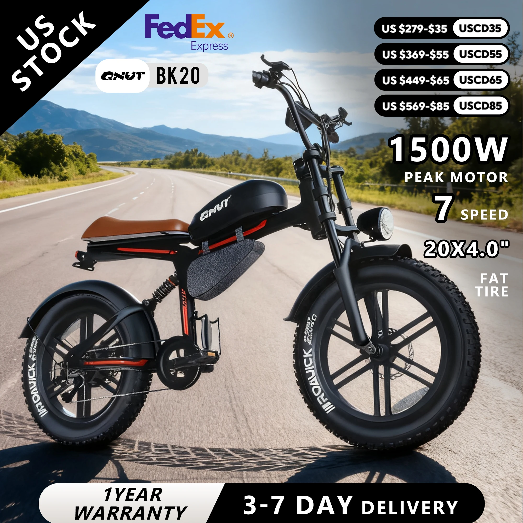 

QNUT BK20 Электрический велосипед для взрослых 1500 Вт 48 В 18 Ач 20 дюймов Электрический велосипед для грязи с толстыми шинами Вездеходный электронный велосипед Внедорожный горный велосипед E Bike