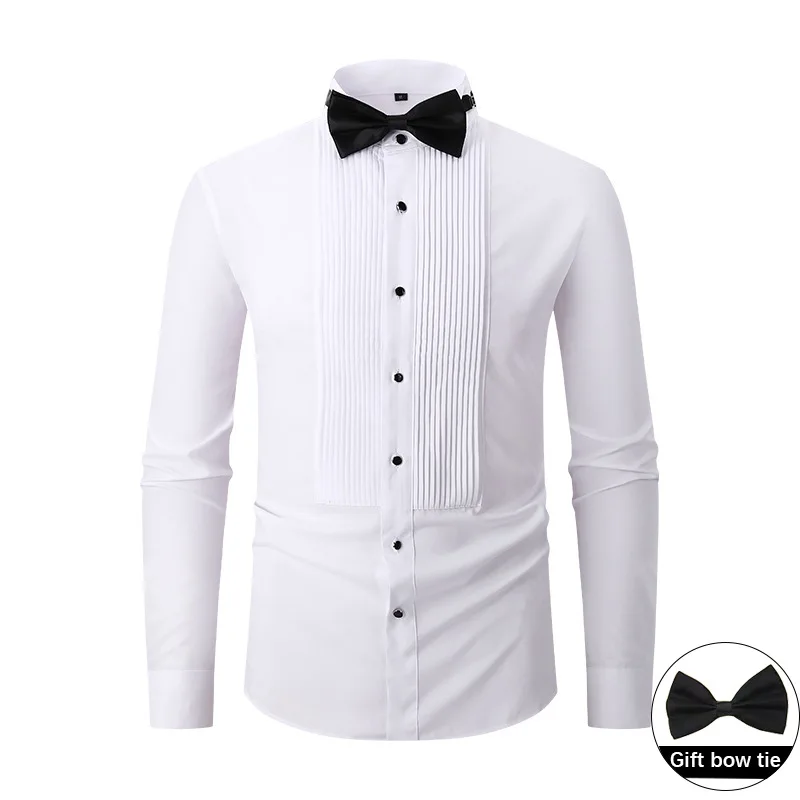 Men's White Dress Shirt Long Sleeve Shirts Formal Wedding Shirt Plus Size Business Tuxedo Shirt for Groom Groomsmen Party