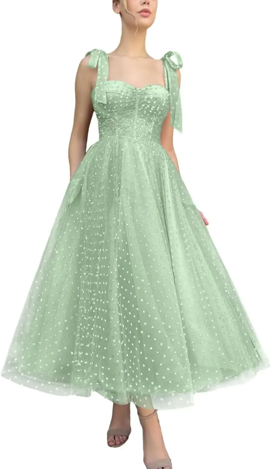 

Tulle Prom Dresses for Women 2025 Spaghetti Straps Tea Length Formal Evening Party Gowns Elegant Dress Women for Wedding Party