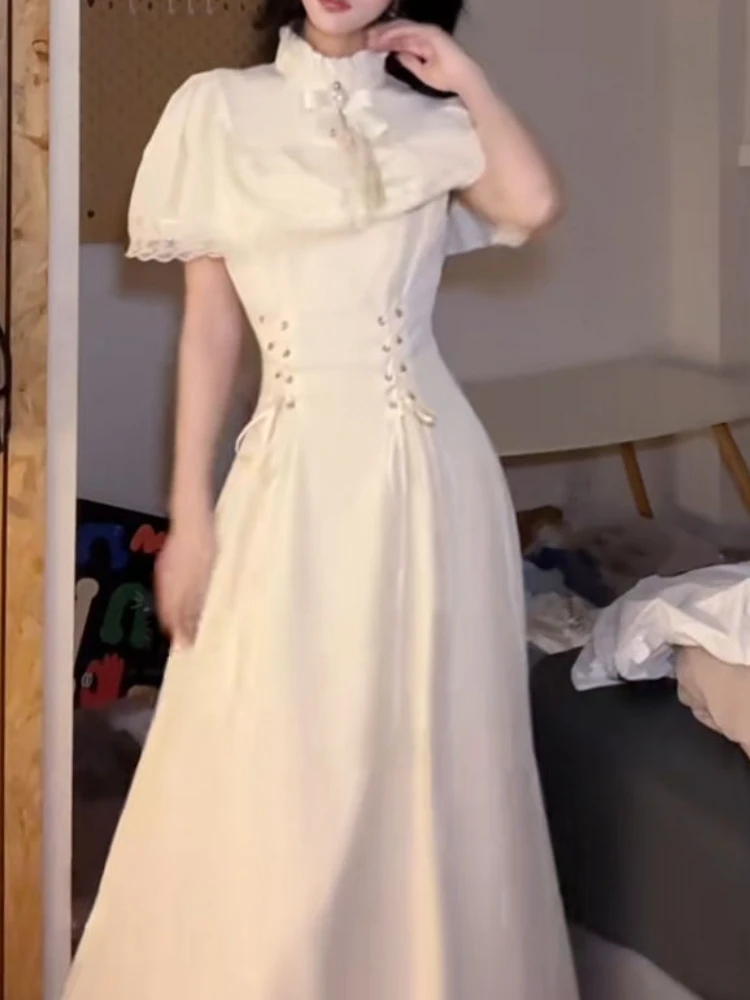 أزياء أنيقة القوس فستان طويل المرأة الصيف فرنسا الحلو الدانتيل يصل فساتين لوليتا الإناث تصميم جديد شيك كيب ريترو ملابس جميلة #6