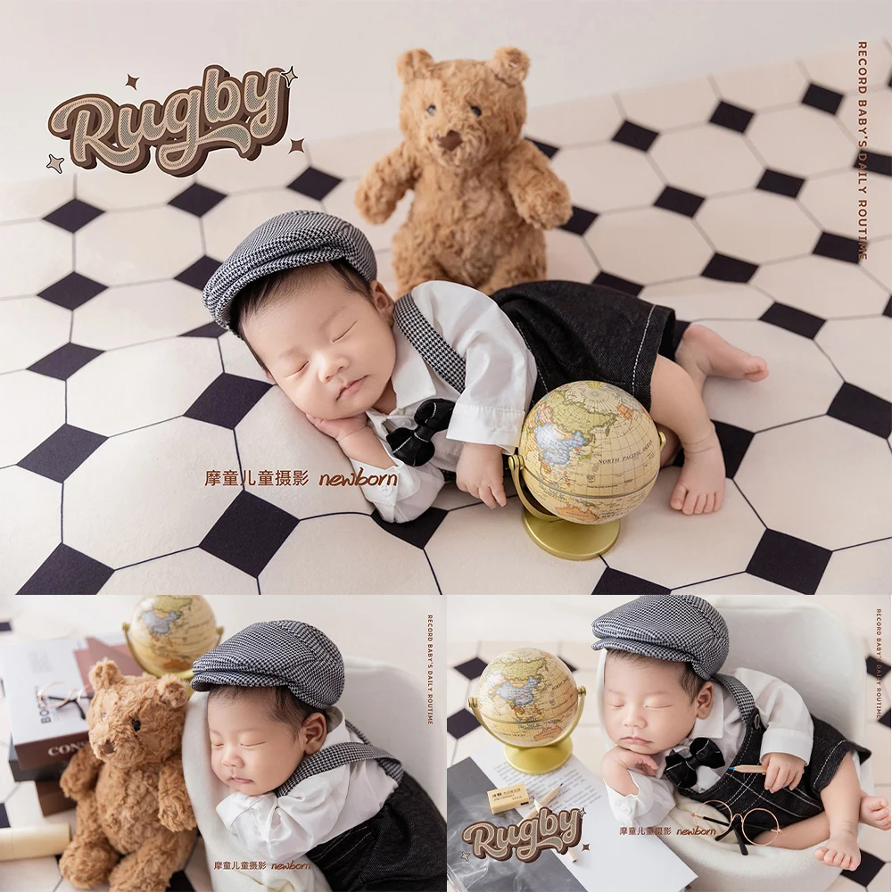 

Newborn Photography Props Baby Costume White Shirt+Suspenders Shorts+Hat Set Bear Doll Studio Academy Magazine Style Theme Props