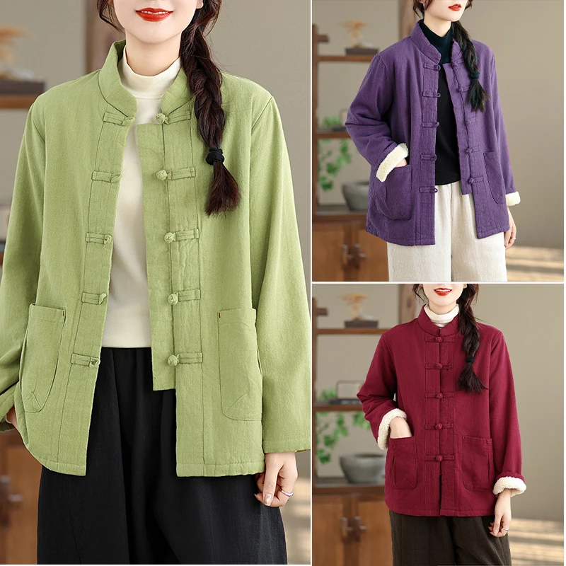

Lamb Fur Jaet Women's Thiened Floing Stand Collar Cotton Coat Dr Qing a Po Commute Sle round Ne Single Button
