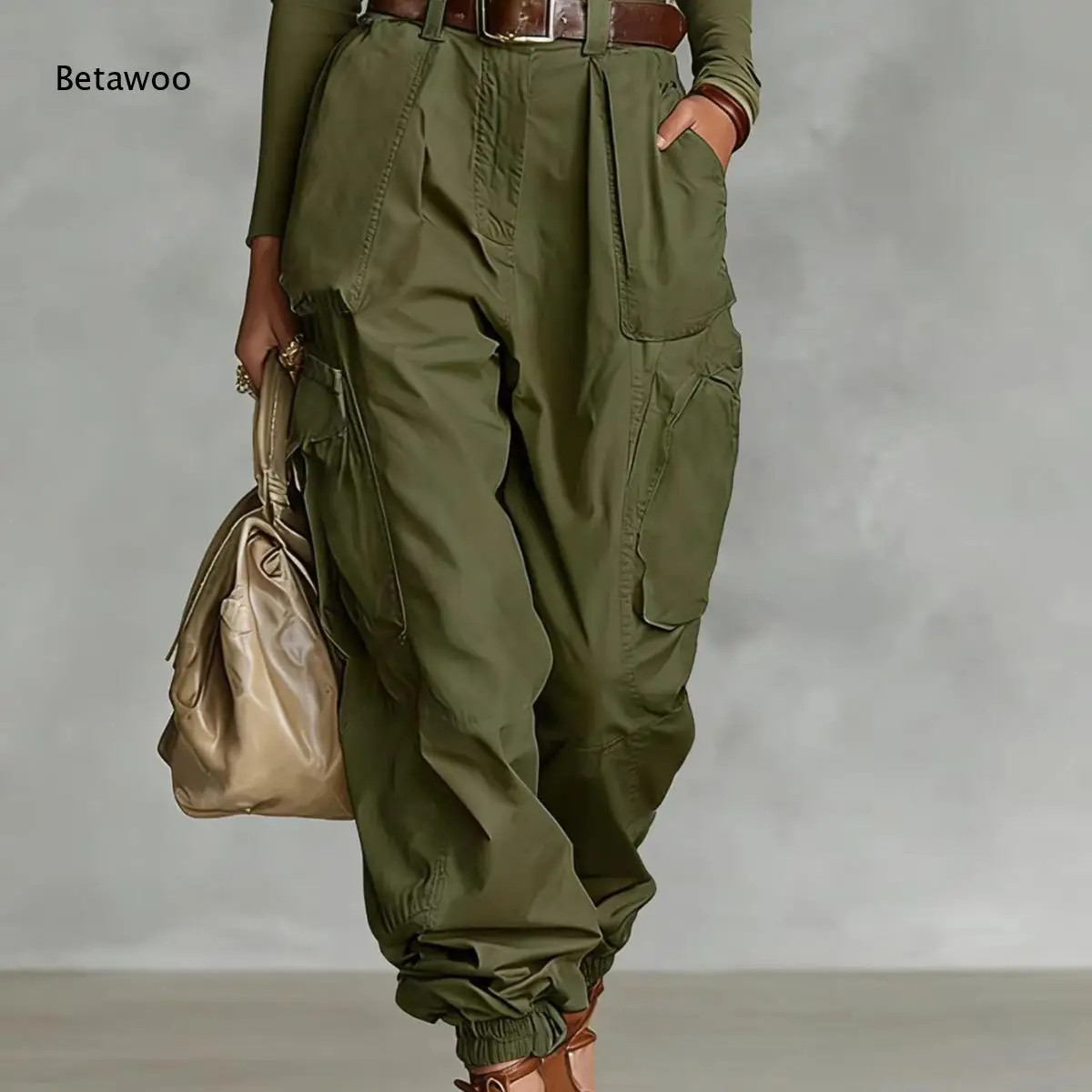 Ladies Baggy Cargo Pants High Waist Multiple Utility Pockets Elastic Ankle Cuffs Relaxed Wide Leg Casual Jogger Trousers