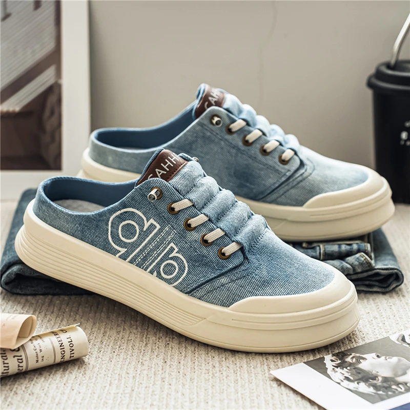 Backless Slip-On Shoes for Men, Thick Platform Sole Casual Footwear, Embroidered Lazy Daily Commuter Shoes
