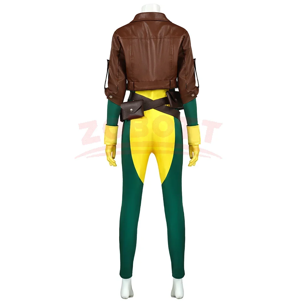 X-Men Rogue Cosplay Costume Adult Women Superhero Bodysuit Yellow Jumpsuit Brown Jacket Halloween Carnival Comic Con Outfit view 4