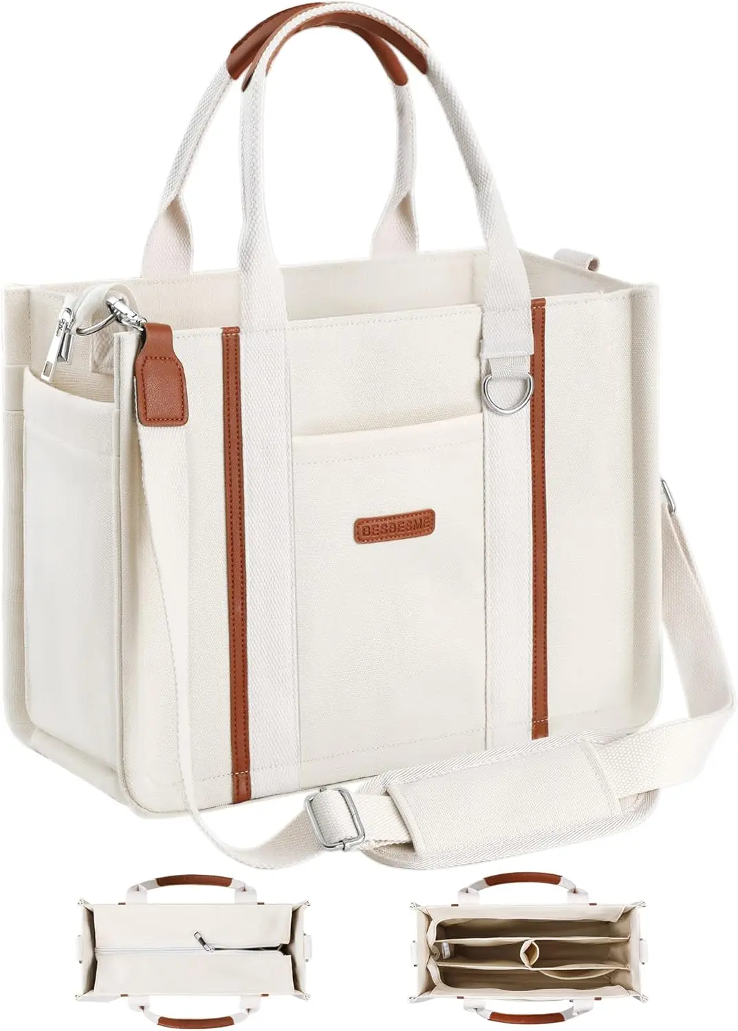 

Women's Canvas Tote Bag with Zipper, Multi-Pocket Laptop Work Crossbody Shoulder Purse
