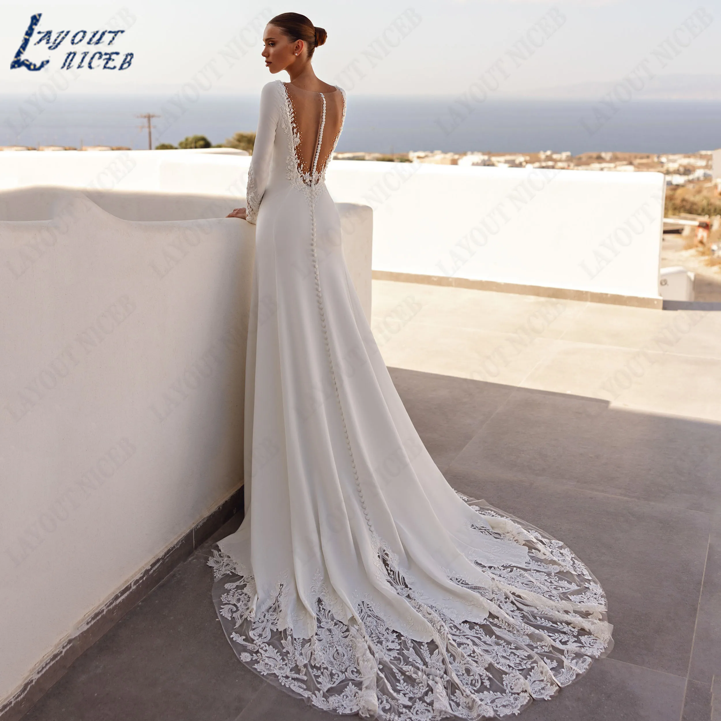LAYOUT NICEB Customied Satin Boat Neck Full Sleeve 2026 Wedding Dress Applique Mermaid Sheer Back Bridal Gown Minimalist