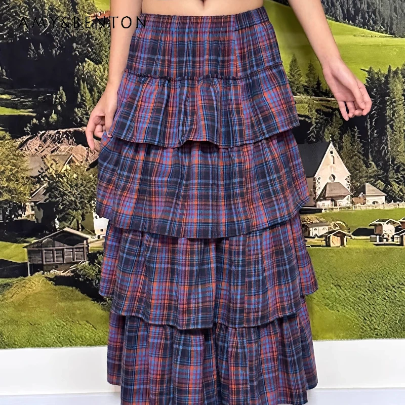 

Original Design Retro Plaid Versatile Women's Long Skirt Autumn Winter New Sweet Cool Loose Slimming Multi-layer Skirts ladies