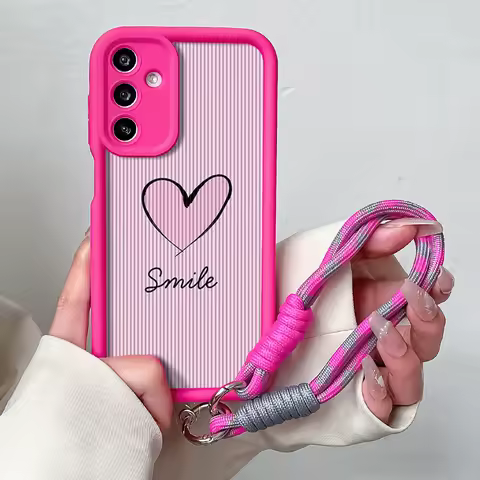 Wrist Chain Lanyard Phone Case for Samsung S24 S23 S22 S21 Plus Ultra S20 FE A50 A05 A10 11 03 04 30 20 Pink Love Heart Cover