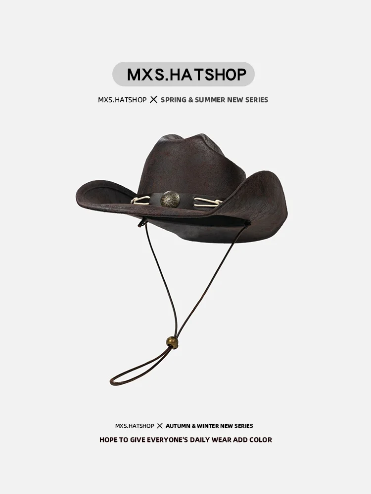 

Stylish Western Cowboy Hat Men's Fashion Sunshade Hot Girl Retro Knight Cap Unisex Spring Travel Casual round Top Big Brim