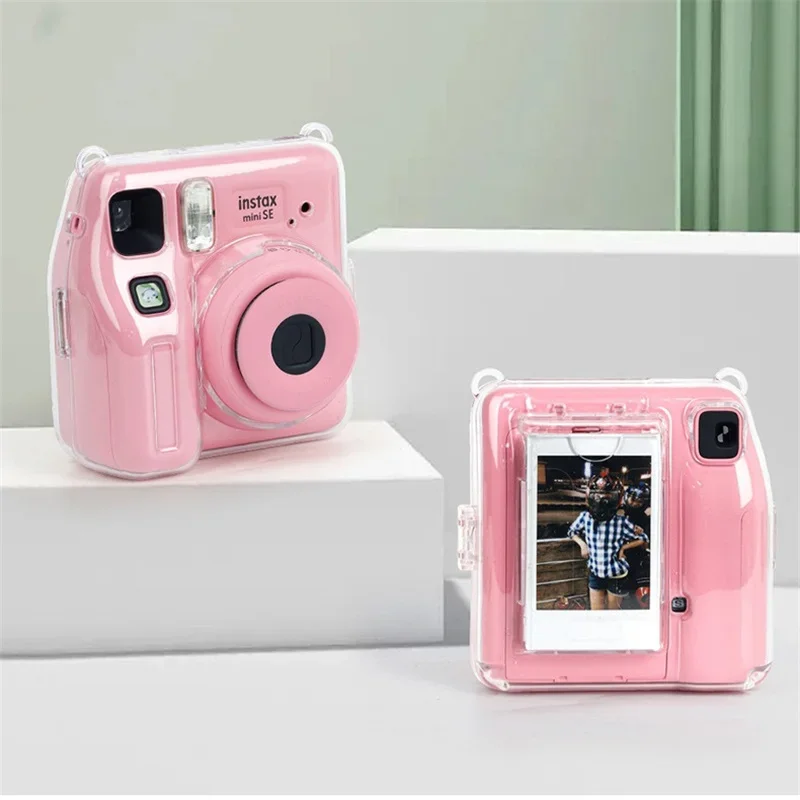 For Instax Mini SE Transparent Crystal Case Shell with Photo Bag Strap Rope Sticker Camera Bags Set