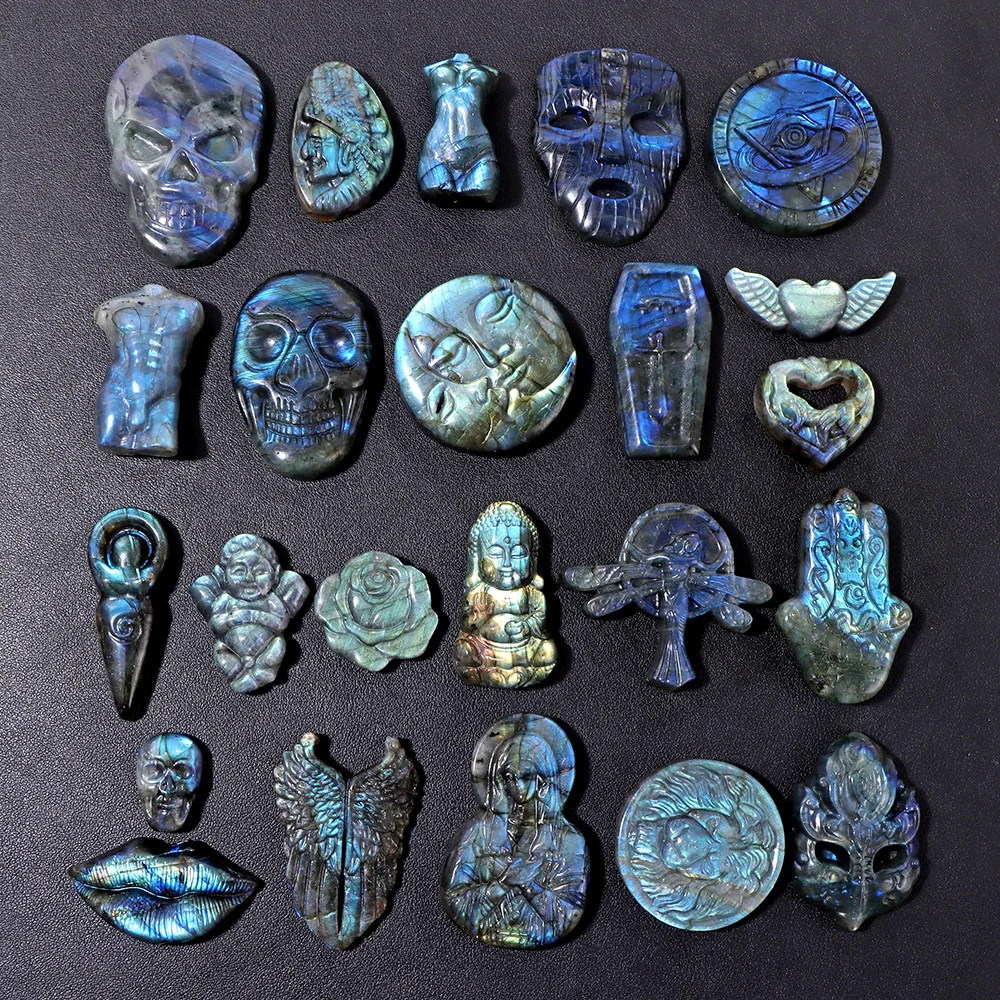 Ornamen batu alami unik Labradorite, ukiran tangan bentuk ular kupu-kupu patung Reiki burung hantu Buddha ornamen dekorasi rumah