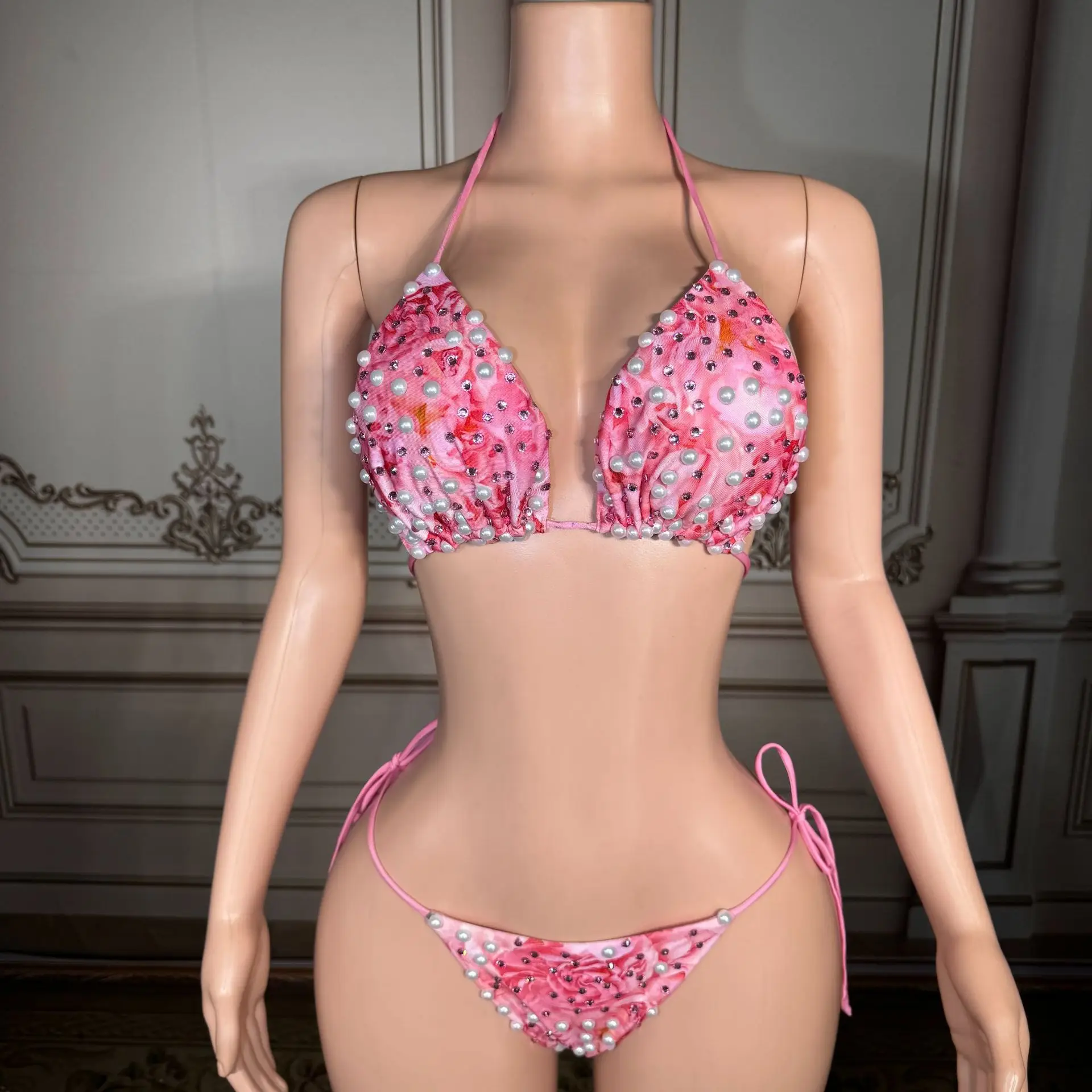 

Новый розовый комплект бикини из двух частей с принтом, топ-халтер на завязках, сексуальный, для пляжного отдыха, большие размеры, 2026 год