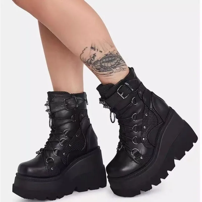 

New Design Women Punk Gothic Motorcycle Boots Platform Chunky High Heel Ankle Boot Ladies Cool Wedge Black Female Shoes