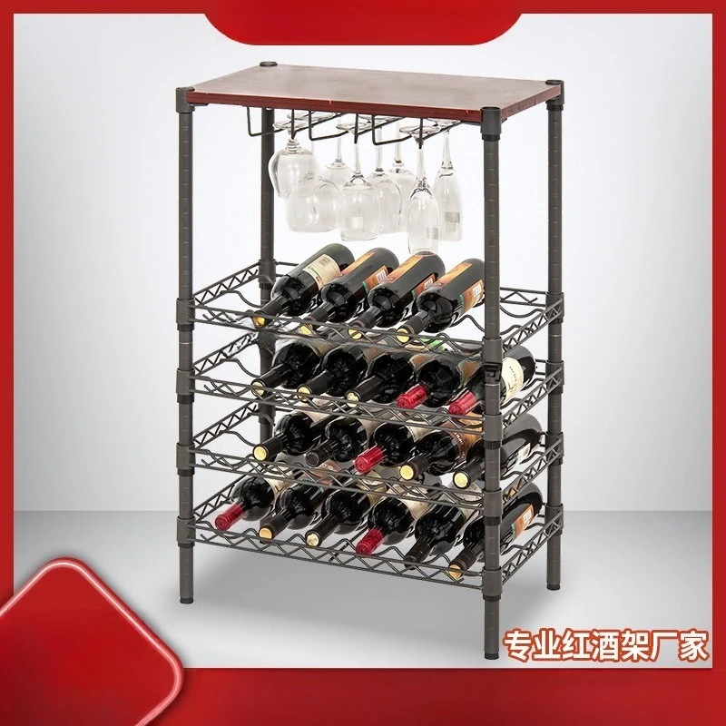 Wrought iron red wine rack Multi-layer wine storage rack rack, can hang  glass top layer with wooden board