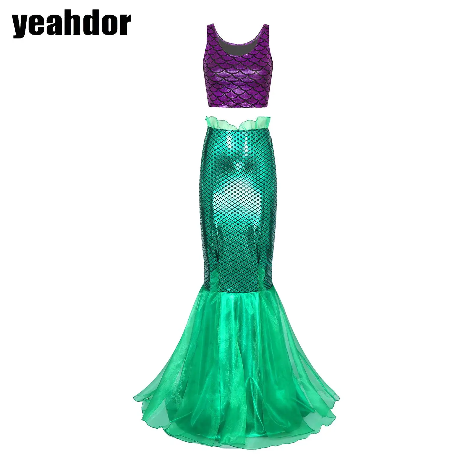 

Halloween Mermaid Cosplay Costume Shiny Metallic Fish Scale Print Crop Top Sleeveless Vest Tank Tops with Fishtail Skirt