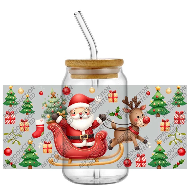 

New Product Christmas Santa Claus Waterproof DIY Decals 3D Transfers Stickers 16oz UV DTF for Glasses cup Wraps