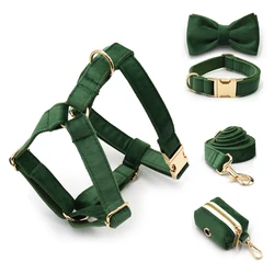 Peacock Green Velvet Collar for Dogs with Engraving Personalized Dog Harness Leash Set Adjustable Non-Escape Pet Collar with Bow