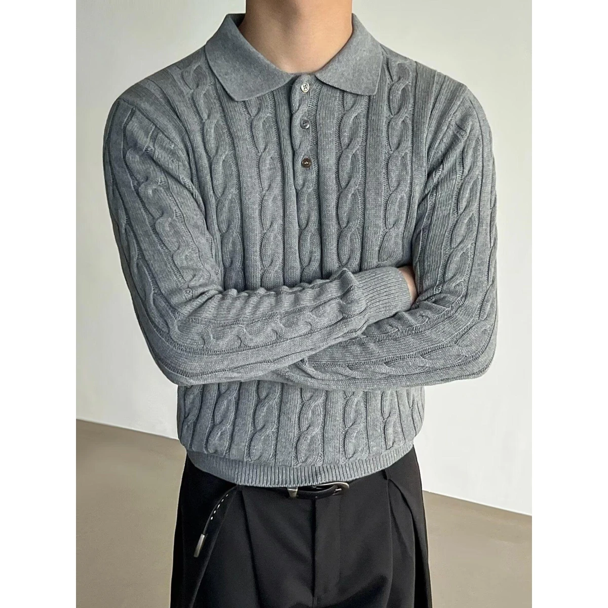 

Мужской вязаный свитер свободного кроя, осенне-зимний, модный, однотонный, с воротником, с узором «косы», повседневный, для пар, универсальный