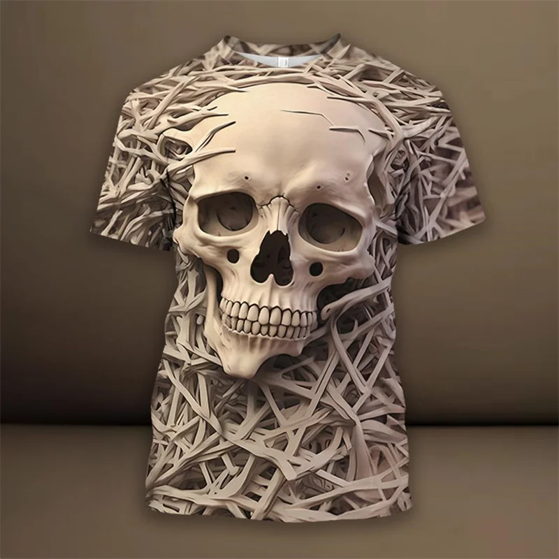 Male Street Fashion Skull Printing Pattern Element T Shirt For Men Clothing Large Loose Size O-neck Short Sleeve Leisure Tops