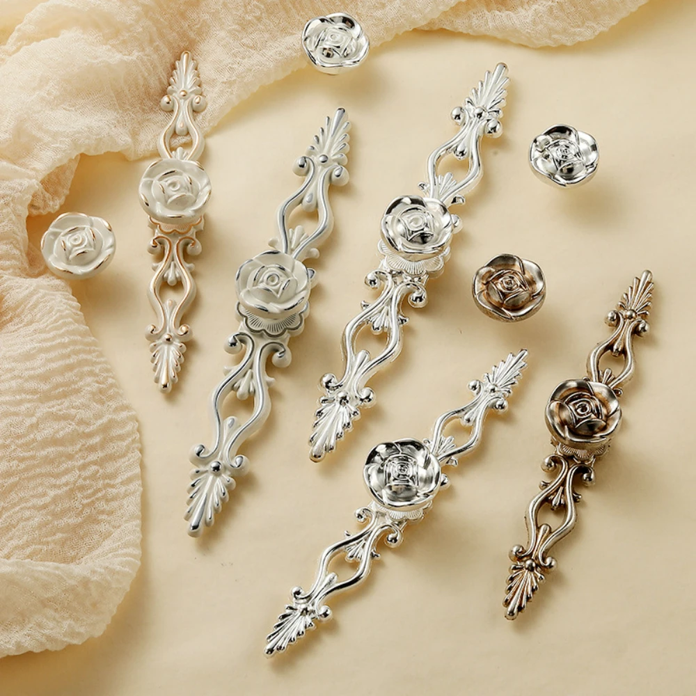 Vintage Rose Kitchen Cabinet Handles Zinc Alloy Drawer Pulls European Wardrobe Dresser Door Handles Antique Furniture Hardware