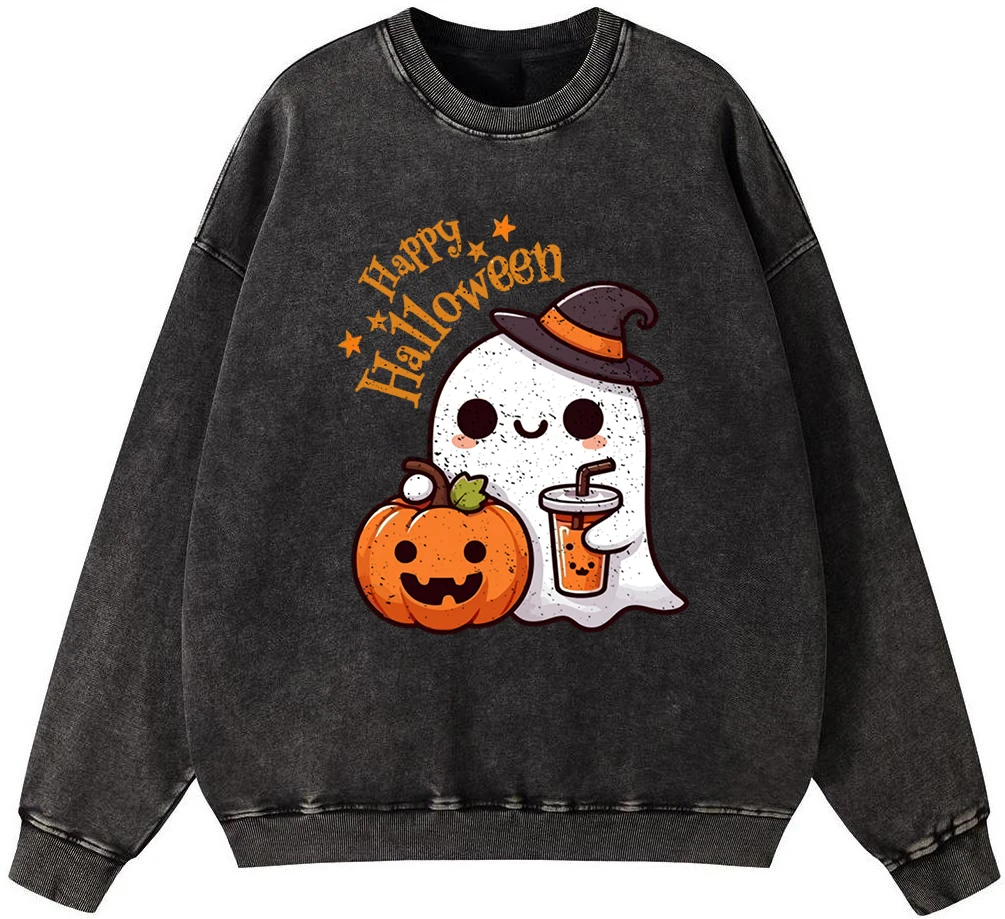 

Ghosts Happy Halloween Mans Vintage Washed Cotton Sweatshirt Street Fleece Warm Pullover Hipster Fit Autumn Hoodie