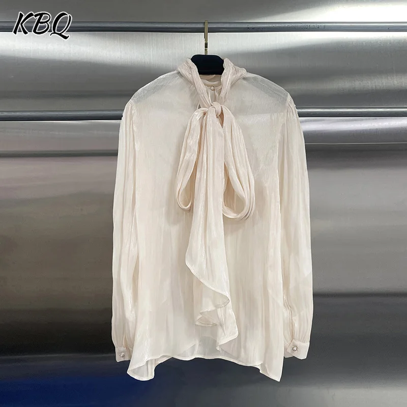 KBQ Franse stijl effen losse elegante blouse voor dames ronde hals lange mouw herfst temperament lace-up casual shirts vrouwelijk nieuw