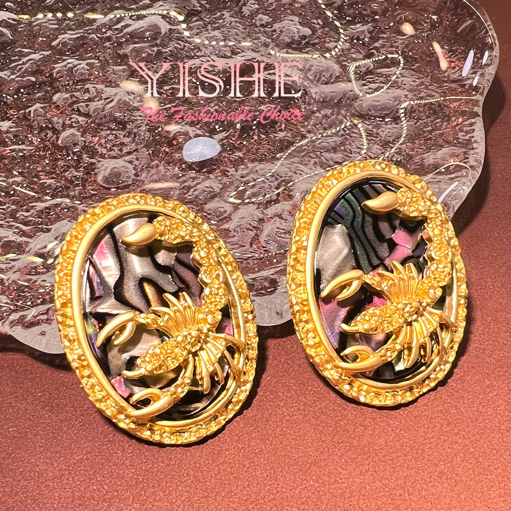 Western antique medieval stud earrings, colored shell relief scorpion plated real gold court style advanced sense vintage earrin