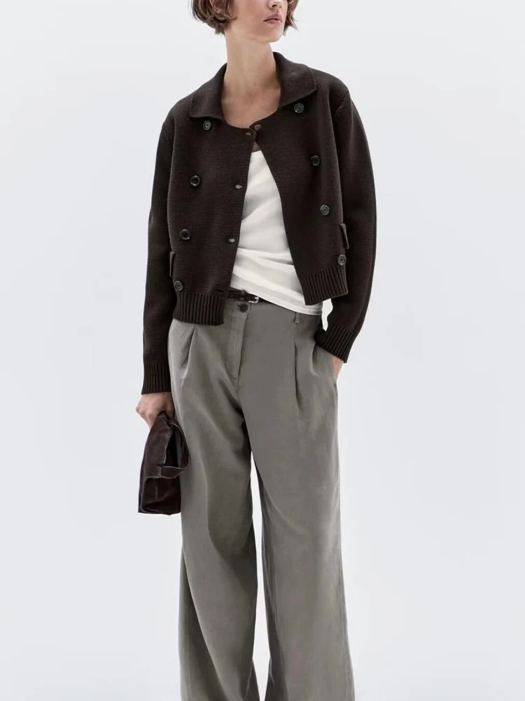 

European and American style 2025 autumn new women's fashion versatile double-breasted lapel knitted cardigan