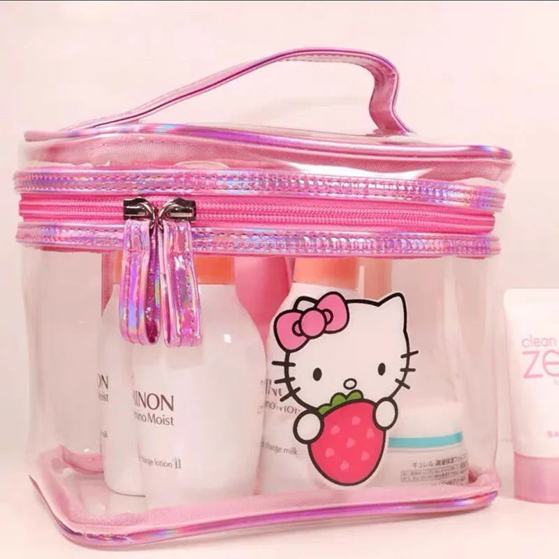 Kawaii Sanrio Hello Kitty borsa per il trucco PVC trasparente Cute Strawberry Bow Cartoon Print Portable Large Capacity Washbag Girl Gift