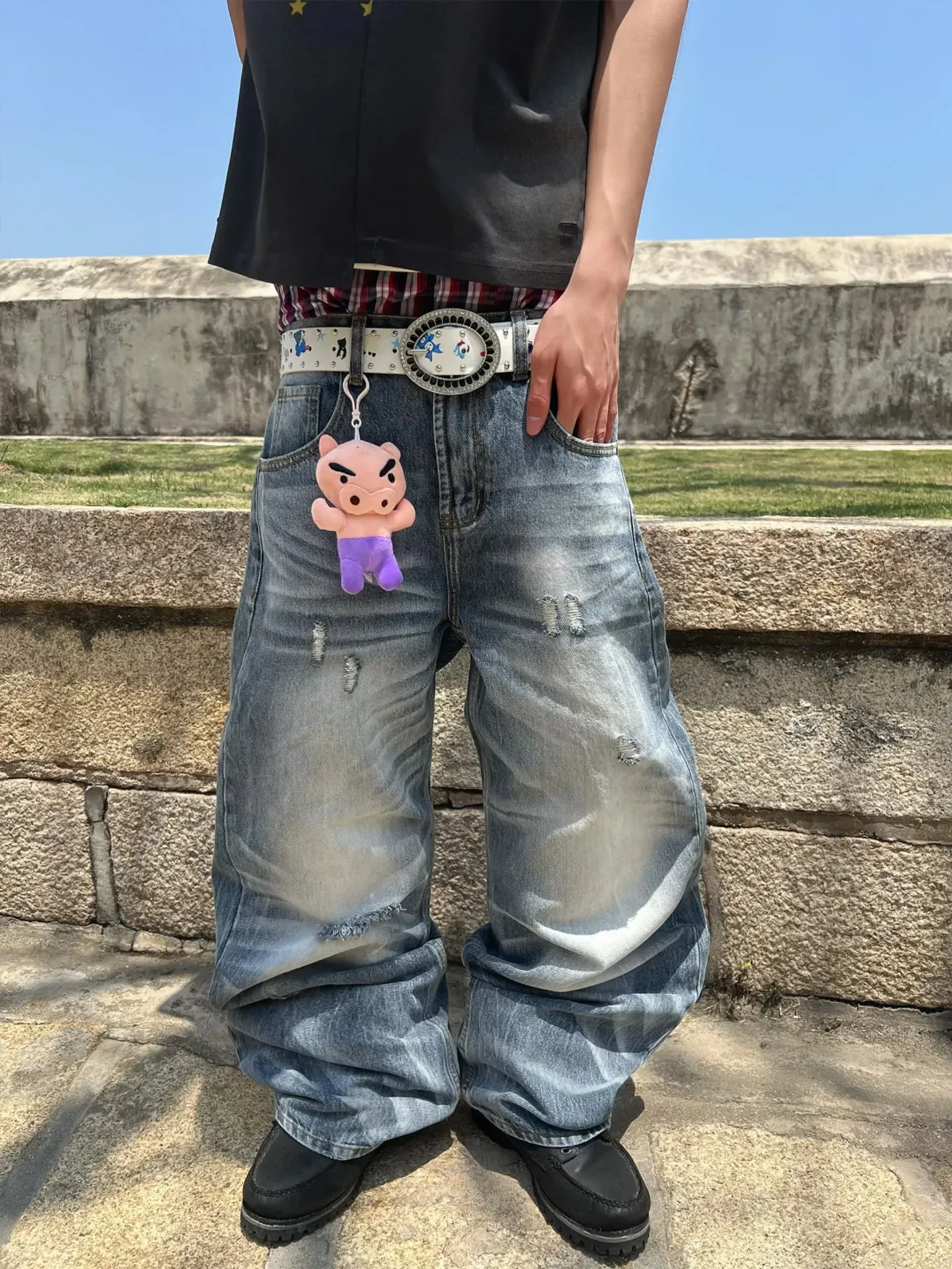 

Washed Blue Jeans Men's Loose Straight Leg Jeans Vintage Ripped Wide Leg Jeans Summer Comfortable Casual mid Waist Zipper