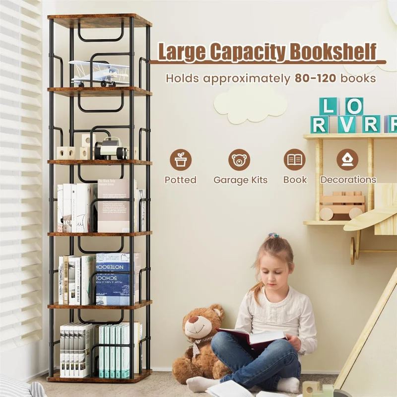 Rustic Brown Square 5-Tier Rotating Bookshelf, 360 °   Display Stackable Spinning Bookshelf Tower, Space Saving Tall Floor Stand